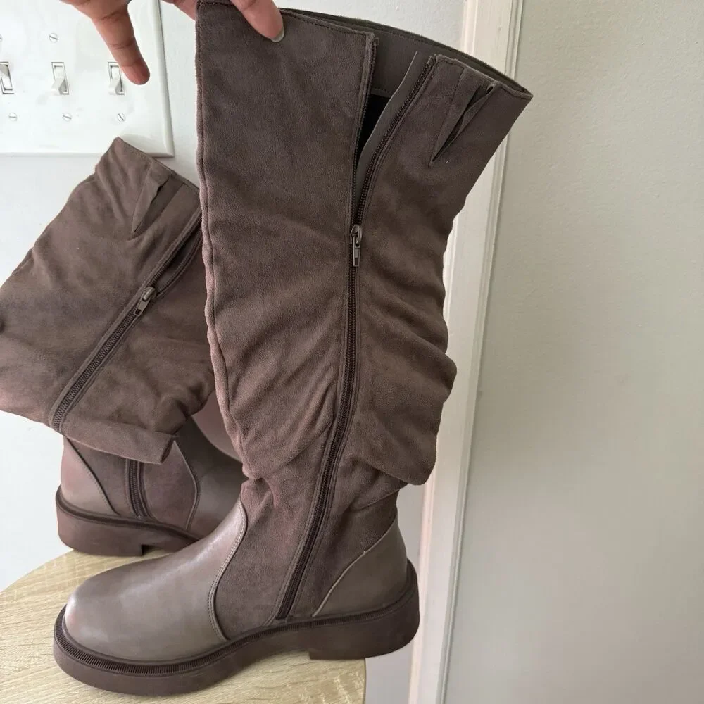Women's Fashion Thick Heel Riding Boots Grey/brown Side Zipper Durable Size 9